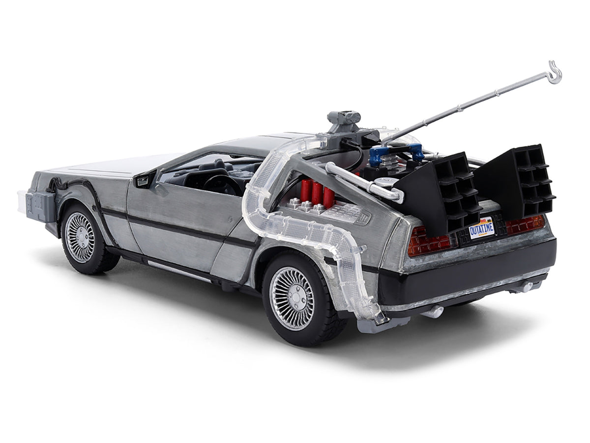 DeLorean Brushed Metal Time Machine with Lights "Back to the Future" (1985) Movie "40th Anniversary" Special Packaging "Hollywood Rides" Series 1/24 Diecast Model Car by Jada