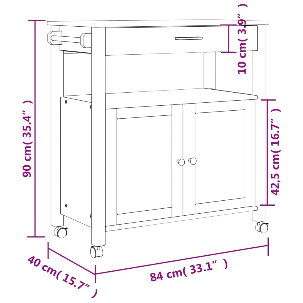 Kitchen Trolley MONZA 33.1"x15.7"x34.8" Solid Wood Pine