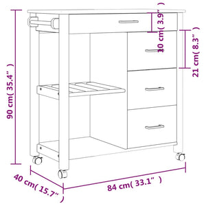 Kitchen Trolley MONZA 33.1"x15.7"x34.8" Solid Wood Pine