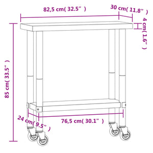 Kitchen Work Table with Wheels 32.5"x11.8"x33.5" Stainless Steel