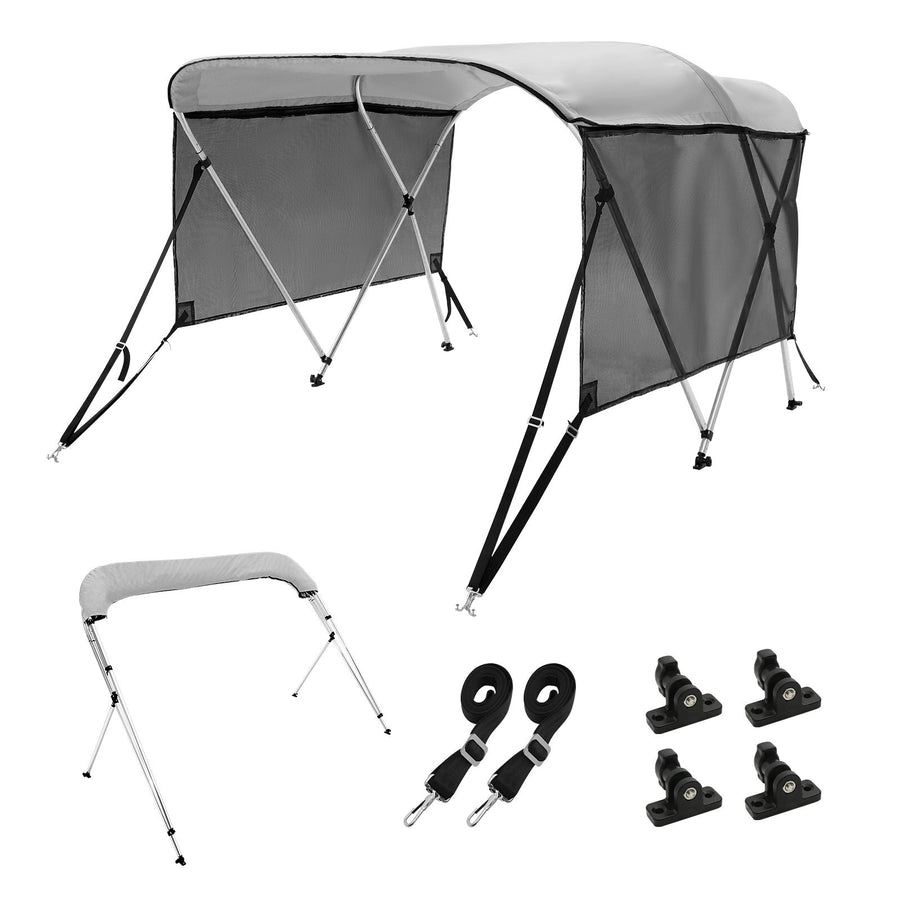 3 Bow Bimini Top Boat Cover, Detachable Mesh Sidewalls, 600D Polyester Canopy with 1" Aluminum Alloy Frame, Includes Storage Boot, 2 Support Poles, 2 Straps, 6'L x 46"H x 61"-66"W, Light Grey