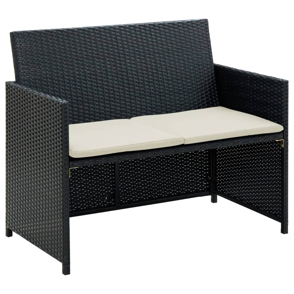 2 Seater Patio Sofa with Cushions Black Poly Rattan