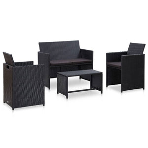 4 Piece Patio Lounge Set with Cushions Poly Rattan Black