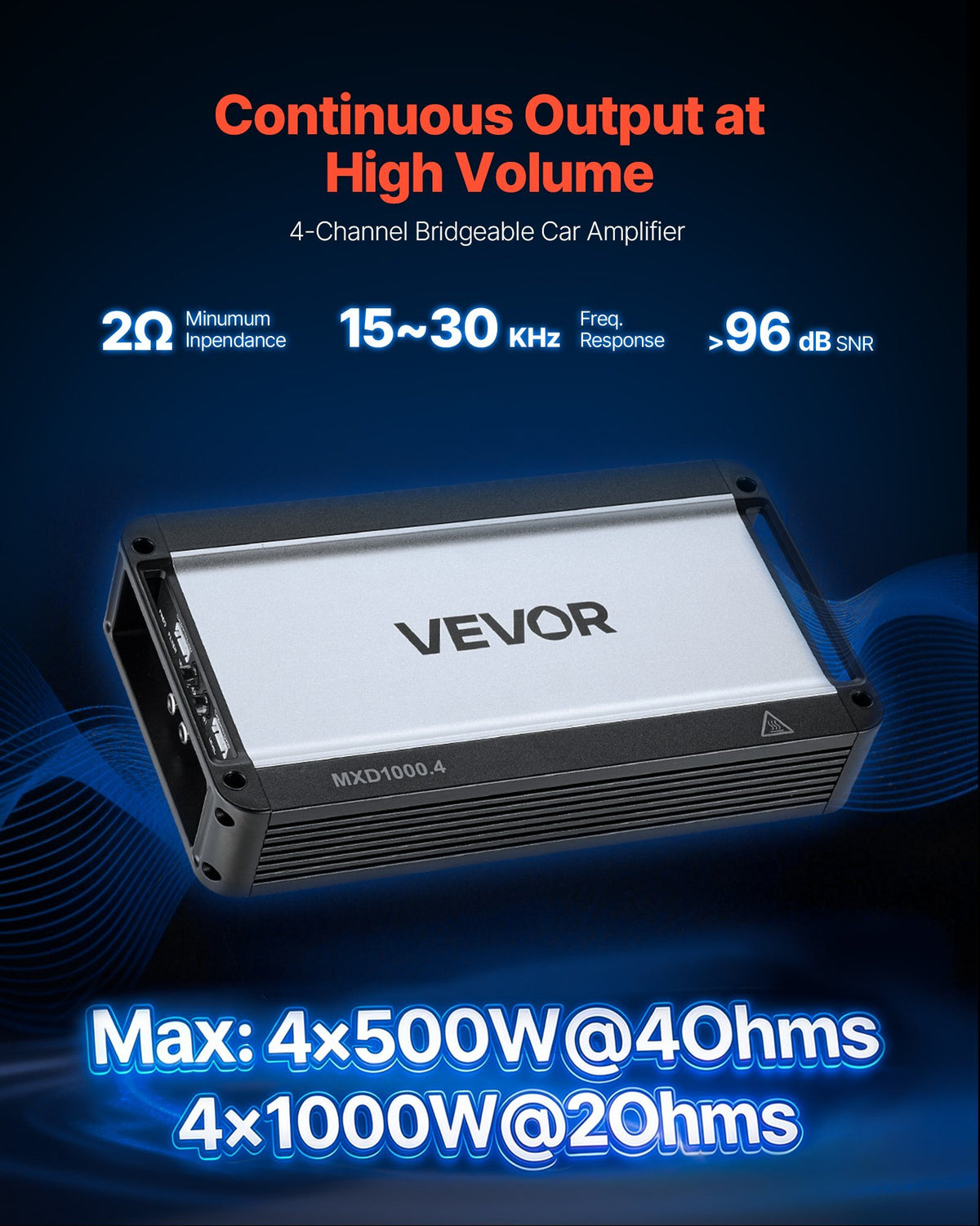 4 Channel Car Audio Amplifier 2 Ohm Stable Bridgeable Class D Full Range Amp Max Power 4 x 500W @ 4 Ohm / 4 x 1000W @ 2 Ohm for Car SUV Truck Off-Road