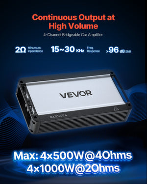 4 Channel Car Audio Amplifier 2 Ohm Stable Bridgeable Class D Full Range Amp Max Power 4 x 500W @ 4 Ohm / 4 x 1000W @ 2 Ohm for Car SUV Truck Off-Road