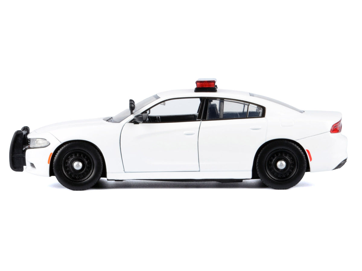 2023 Dodge Charger Pursuit Police Car Unmarked White with Flashing Light Bar Front and Rear Lights and 2 Sounds "Builder's Kit" 1/24 Diecast Model Car by Motormax