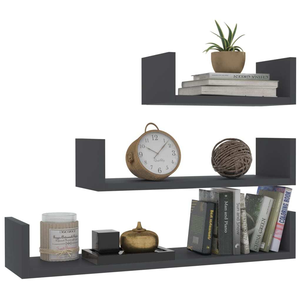 Wall Display Shelf 3 pcs Gray Engineered Wood