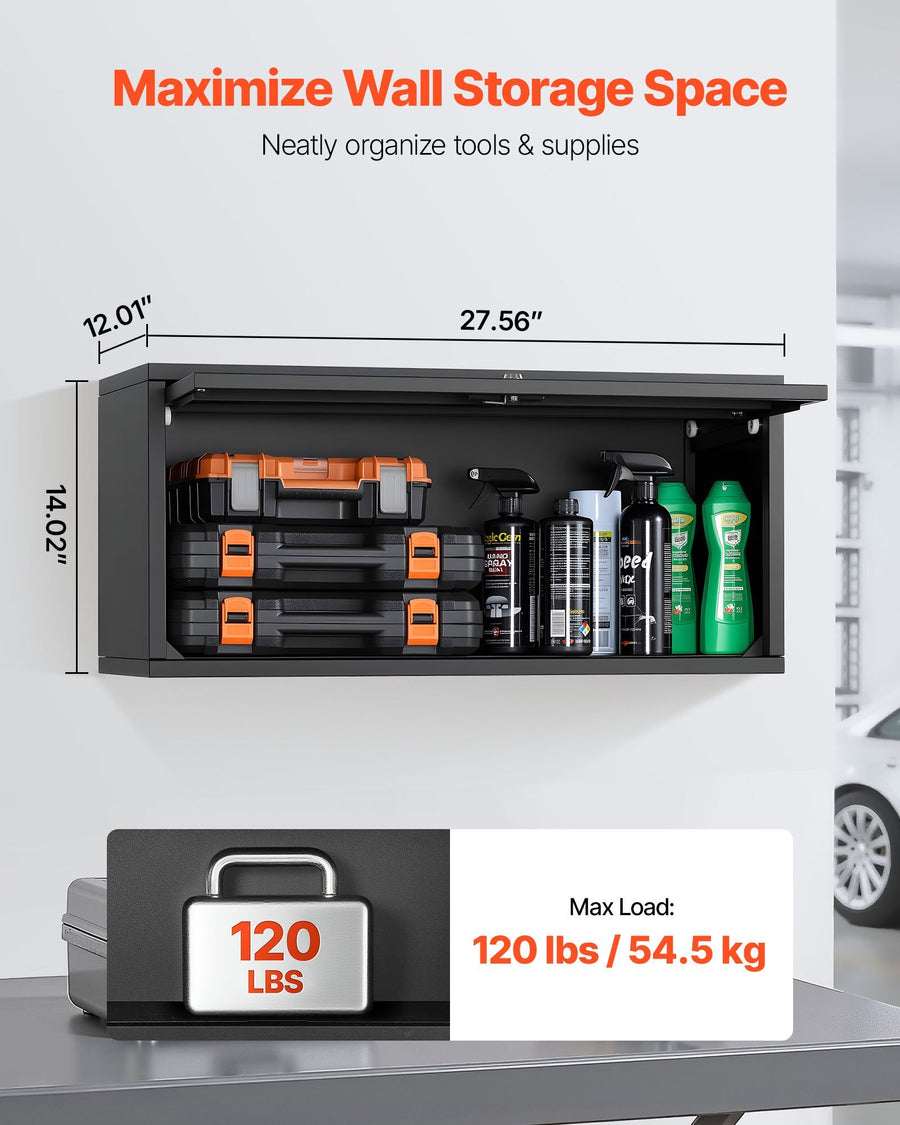 Metal Wall Cabinet, 27.56W x 12.01D x 14.02H Inch, Floating Garage Tool Cabinet with Up-Flip Door, 120 lbs Load per Shelf, Fit for Garage, Basement, Kitchen, Warehouse, Assembly Required