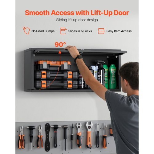 Metal Wall Cabinet, 27.56W x 12.01D x 14.02H Inch, Floating Garage Tool Cabinet with Up-Flip Door, 120 lbs Load per Shelf, Fit for Garage, Basement, Kitchen, Warehouse, Assembly Required