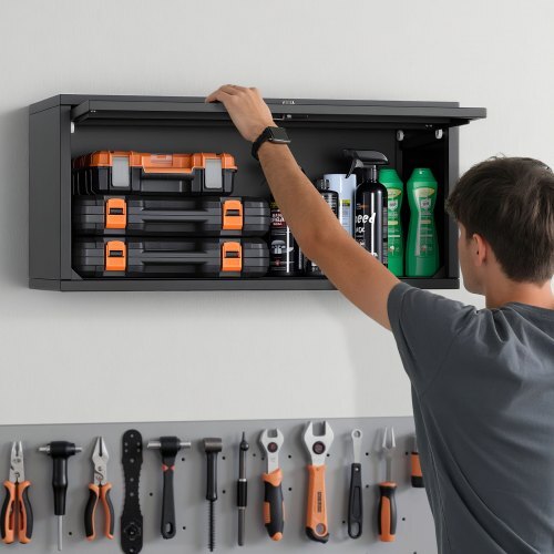 Metal Wall Cabinet, 27.56W x 12.01D x 14.02H Inch, Floating Garage Tool Cabinet with Up-Flip Door, 120 lbs Load per Shelf, Fit for Garage, Basement, Kitchen, Warehouse, Assembly Required
