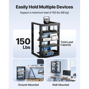 15U Wall Mount Server Rack, 150 lbs Max Load Capacity, Open Frame Network Rack with 180 Degrees Gate Swing, Carbon Steel, for 19-Inch IT Network Equipment & AV Devices Computer Server, Black