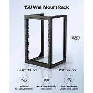 15U Wall Mount Server Rack, 150 lbs Max Load Capacity, Open Frame Network Rack with 180 Degrees Gate Swing, Carbon Steel, for 19-Inch IT Network Equipment & AV Devices Computer Server, Black