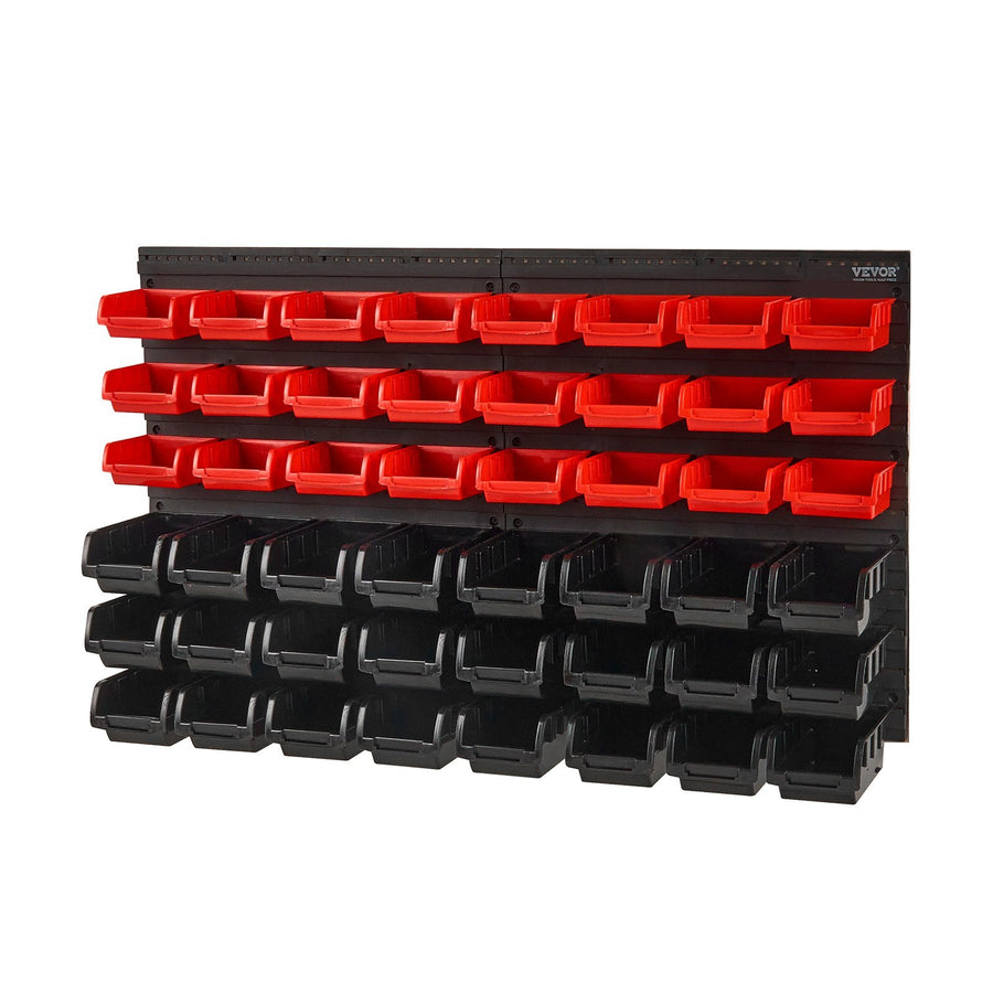 Wall Mounted Storage Bins, 48-Bin Parts Rack Organizer Garage Plastic Shop Tool with Wall Panels, Tool Organizer for Nuts, Bolts, Screws, Nails, Beads, Buttons, Other Small Parts, Black and Red