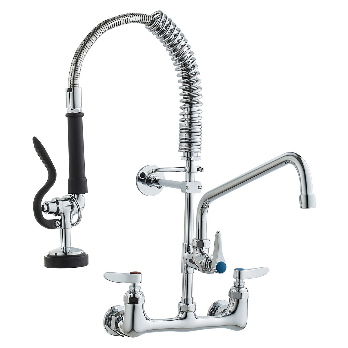 Wall-Mounted Brass Kitchen Faucet, 21" Tall, 8" Installation Width, Includes 12" Rotating Spout and Pull-Down Sprayer, Suitable for Single, Double, or Triple Sinks