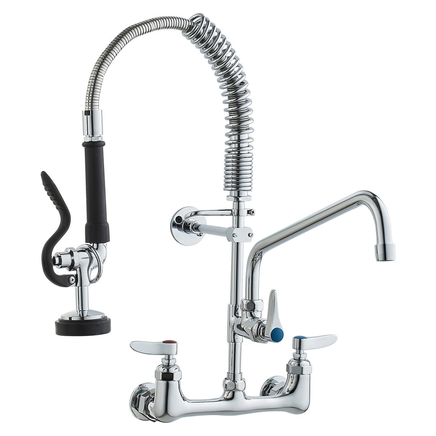 Wall-Mounted Brass Kitchen Faucet, 21" Tall, 8" Installation Width, Includes 12" Rotating Spout and Pull-Down Sprayer, Suitable for Single, Double, or Triple Sinks