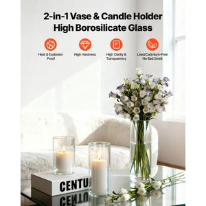 Pillar Candles and Glass Vases Set 72 Pcs, Clear Cylinder Hurricane Candle Holders for Wedding Centerpieces, Tall Vase for Table Decor, Wedding Party, Thanksgiving,White (2.56" x 4.7",5.9",7.9")