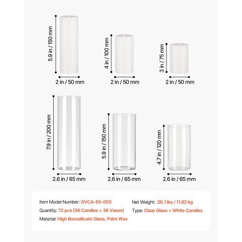 Pillar Candles and Glass Vases Set 72 Pcs, Clear Cylinder Hurricane Candle Holders for Wedding Centerpieces, Tall Vase for Table Decor, Wedding Party, Thanksgiving,White (2.56" x 4.7",5.9",7.9")
