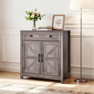 Coffee Bar Cabinet, Farmhouse Coffee Bar Table with Drawer, Buffet Stand Cabinet with 2 Barn Doors, Sideboard Buffet Station for Living Room, Entryway, Kitchen, 29.5 x 14.7 x 31.5 in, Grey
