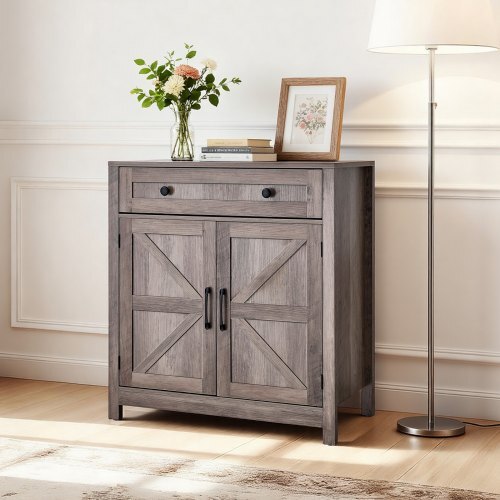 Coffee Bar Cabinet, Farmhouse Coffee Bar Table with Drawer, Buffet Stand Cabinet with 2 Barn Doors, Sideboard Buffet Station for Living Room, Entryway, Kitchen, 29.5 x 14.7 x 31.5 in, Grey