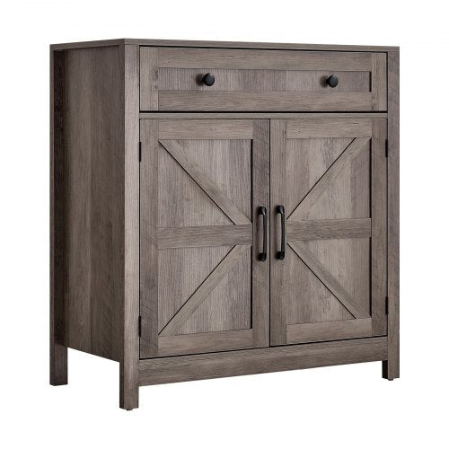 Coffee Bar Cabinet, Farmhouse Coffee Bar Table with Drawer, Buffet Stand Cabinet with 2 Barn Doors, Sideboard Buffet Station for Living Room, Entryway, Kitchen, 29.5 x 14.7 x 31.5 in, Grey