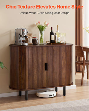 Coffee Bar Cabinet, Mid Century Fluted Coffee Bar Table, Buffet Stand Cabinet with 2 Sliding Doors, Sideboard Buffet Station for Living Room, Entryway, Kitchen, 39.3 x 15.7 x 29.5 in, Walnut