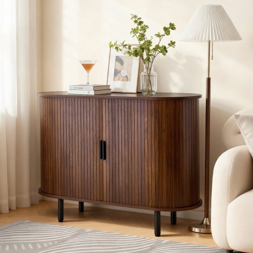 Coffee Bar Cabinet, Mid Century Fluted Coffee Bar Table, Buffet Stand Cabinet with 2 Sliding Doors, Sideboard Buffet Station for Living Room, Entryway, Kitchen, 39.3 x 15.7 x 29.5 in, Walnut
