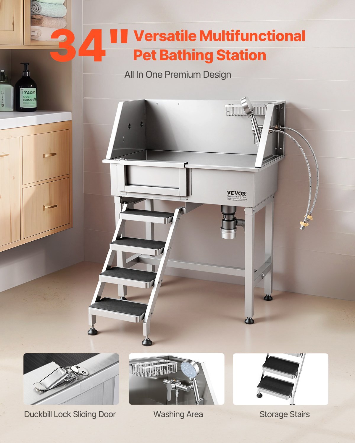 34" Dog Washing Station, Stainless Steel Pet Grooming Tub Bathtub, Professional Dog Wash Sink with Shower, Faucet, Soap Holder, Non-Slip Stairs Easy-Clean Design for Small Pets Cats (Left Door)
