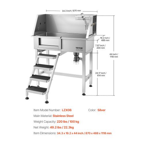 34" Dog Washing Station, Stainless Steel Pet Grooming Tub Bathtub, Professional Dog Wash Sink with Shower, Faucet, Soap Holder, Non-Slip Stairs Easy-Clean Design for Small Pets Cats (Left Door)
