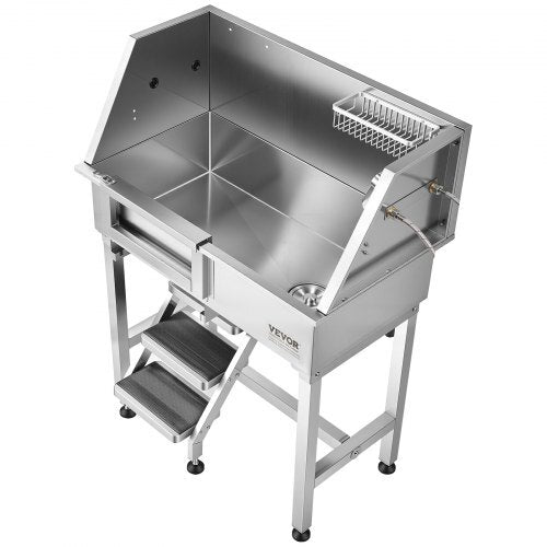 34" Dog Washing Station, Stainless Steel Pet Grooming Tub Bathtub, Professional Dog Wash Sink with Shower, Faucet, Soap Holder, Non-Slip Stairs Easy-Clean Design for Small Pets Cats (Left Door)