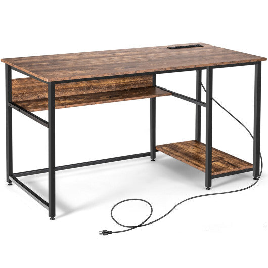 55 Inch Computer Desk with 4 Power Outlets and CPU Stand-Black