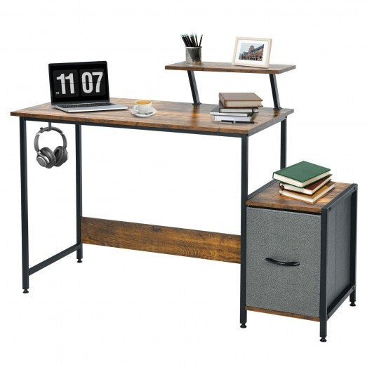 Computer Desk with Reversible Storage Drawer and Moveable Shelf-Brown