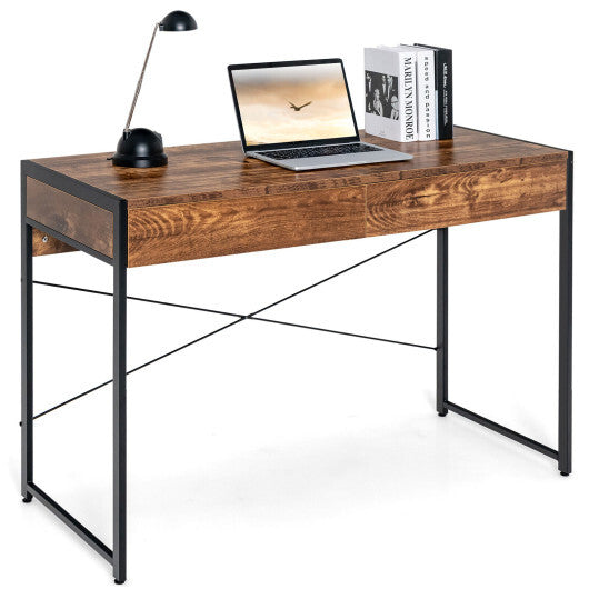 2-Drawer Home Office Desk with Steel Frame-Brown