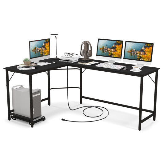 L-Shaped Computer Desk with CPU Stand Power Outlets and USB Ports-Rustic Brown