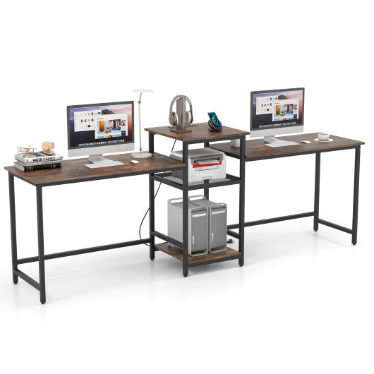 2-Person Computer Desk with Power Outlet and Printer Stand-Rustic Brown