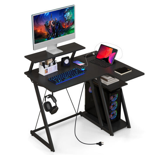 L Shaped Gaming Desk with Outlets and USB Ports-White