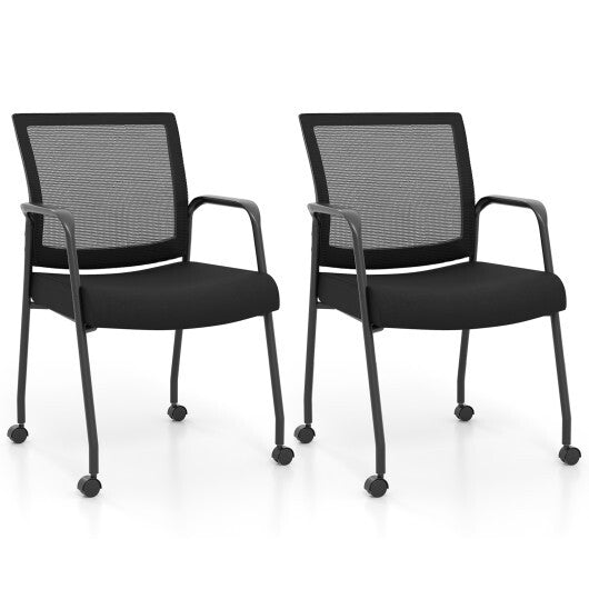 2 Pieces Office Guest Chairs on Wheels with Metal Frame and Armrests-Black