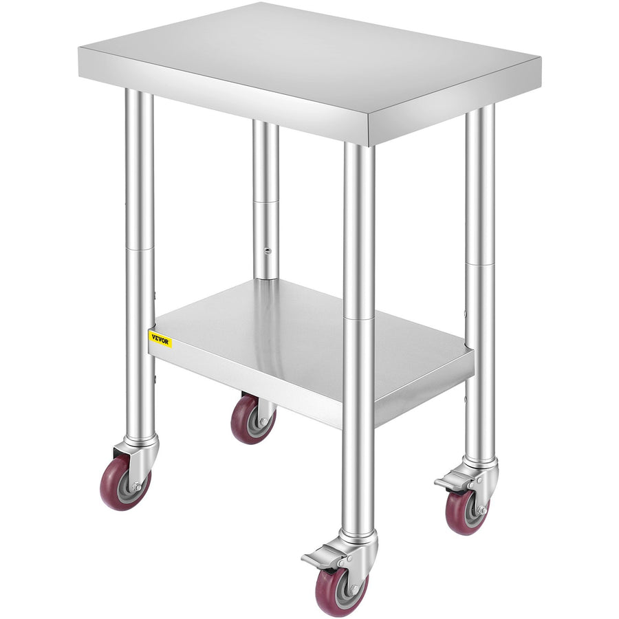 Stainless Steel Work Table 24 x 18 x 34 Inch, 700 LBS Load Capacity with 4 Wheels, 3 Adjustable Height Levels, Heavy Duty Food Prep Worktable for Commercial Kitchen Restaurant, Silver