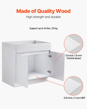 White Shaker Base Cabinet, 36-Inch Unassembled Sink Base Cabinet, 36" W x 24" D x 34.5" H Ready to Assemble Cabinet with Soft-Close Doors and Adjustable Shelf, for Home Office