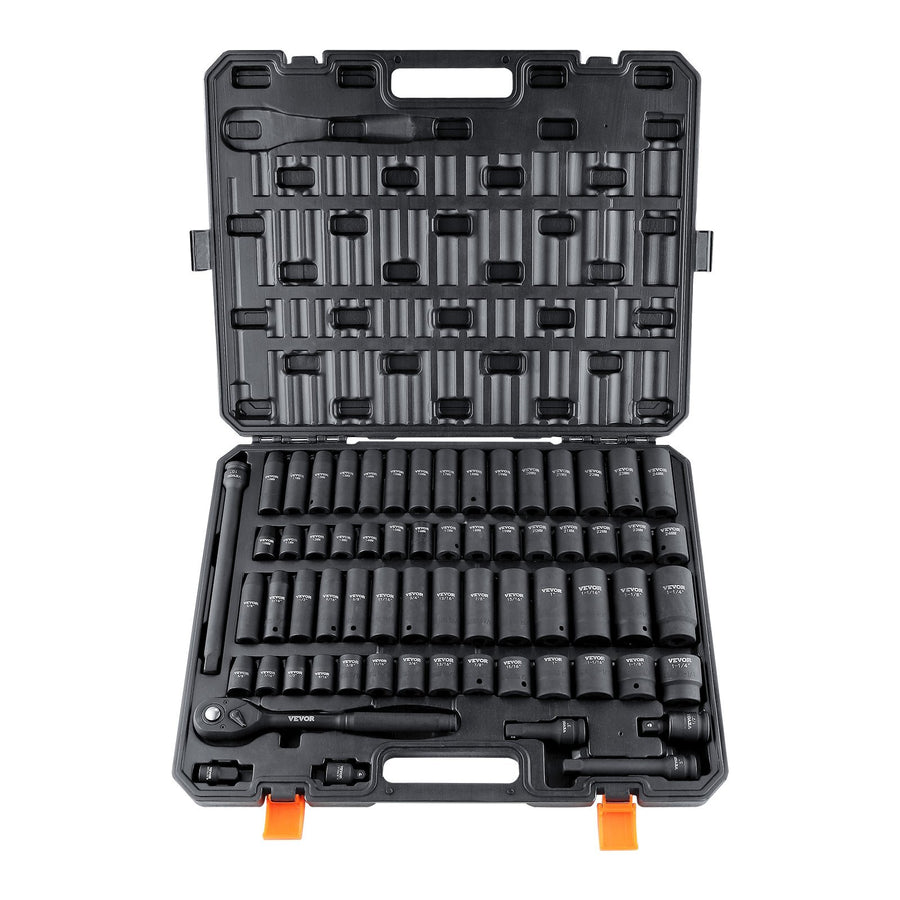 1/2" Drive Impact Socket Set, 65 Piece Socket Set SAE 3/8" to 1-1/4" and Metric 10-24mm, 6 Point Cr-V Alloy Steel for Auto