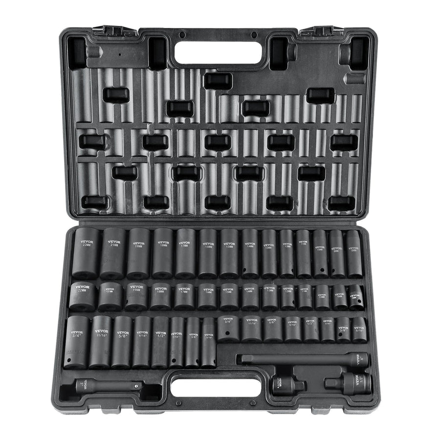 3/8" Drive Impact Socket Set, 48 Piece Socket Set SAE ?5/16" -3/4"? & Metric ?8-22mm?6 Point Cr-V Drive Extension Bar Universal Joint & Power Drill Adapter Includes Storage Case