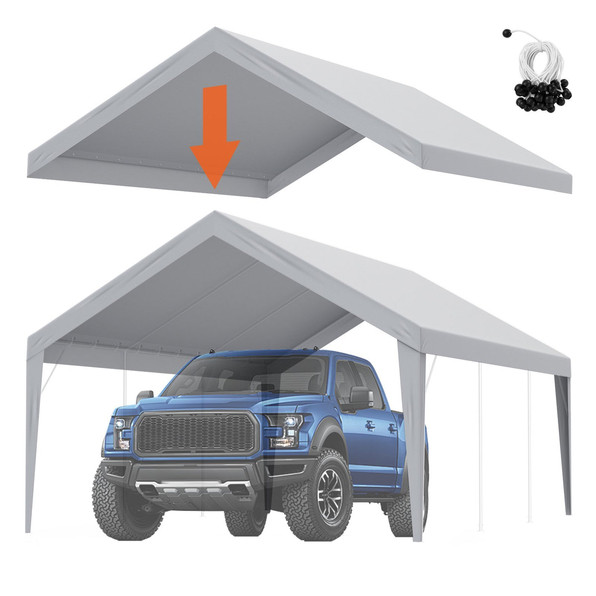 Carport Replacement Canopy Cover 13 x 20 ft, Garage Top Tent Shelter Tarp Heavy-Duty Waterproof & UV Protected, Easy Installation with Ball Bungees,Grey (Only Top Cover, Frame Not Include)