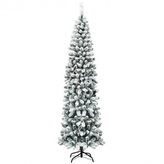 7.5 Feet Unlit Hinged Snow Flocked Artificial Pencil Christmas Tree with 641 Tips - WHITE 7.5 FT
