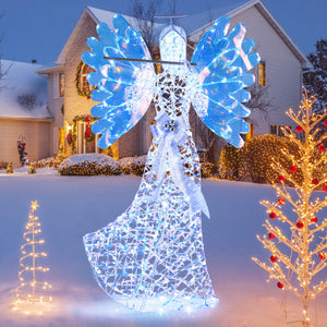 5.2 FT Lighted Angel Christmas Decoration 3D Glittering Halo Angel with Flute - Color: White