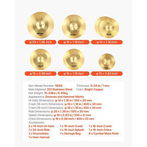 Cymbal Pack, 6 Pieces Cymbals for Drum Set, Alloy Cymbals Drum Set Includes 14-inch Hi-Hats, 16-inch Crash, 18-inch Crash, 20-inch Ride, 10-inch Splash, 16-inch China, Drumsticks & Cymbal Bag
