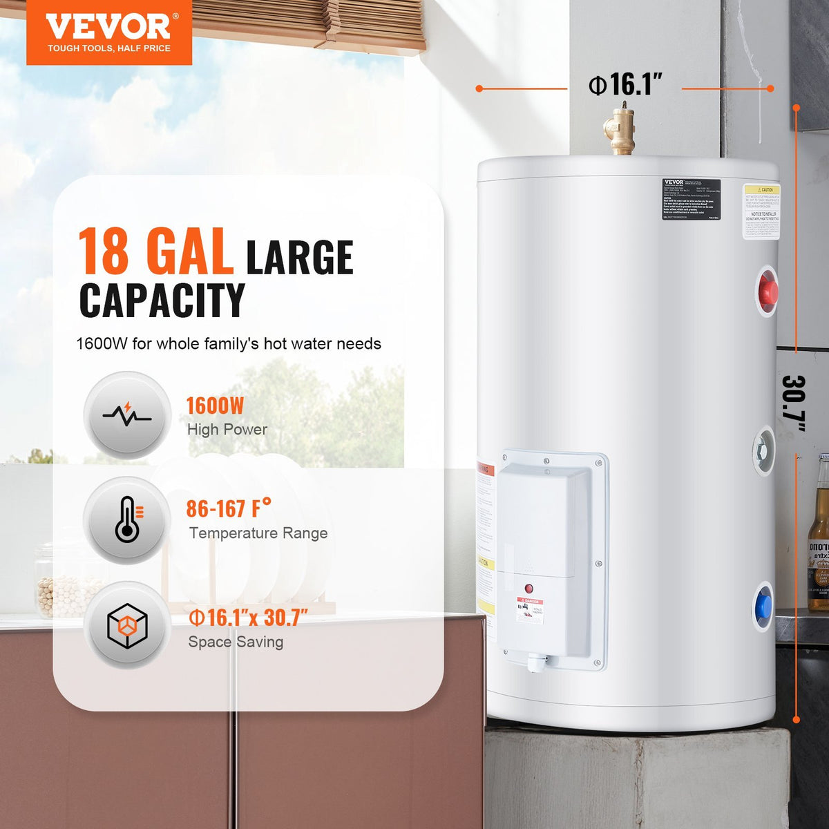Electric Water Heater, 18 Gallon Tank Instant Hot Water Heater, 1.6Kw Tankless Water Heater w/ LED Display,Knob Control, IPX4 Waterproof Side Connection On Demand Heaters for Shower, Bath
