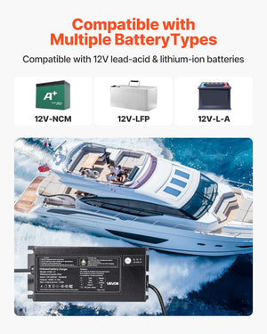 Marine Battery Charger, 1-Bank, 10A 12V Onboard Boat Charger, IP68 Waterproof Smart On-Board Battery Charger, for Lithium-Ion (LiFePO4), NCM, Lead-Acid Batteries, Large Boat, Yacht, RV, Trailer