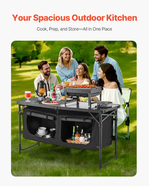 Camping Kitchen Table, Folding Outdoor Cooking Table, 3 Adjustable Heights, Aluminum Lightweight Portable Cook Station with Storage Organizer, Carry Handle, for BBQ Party Picnic RV Travel, Black
