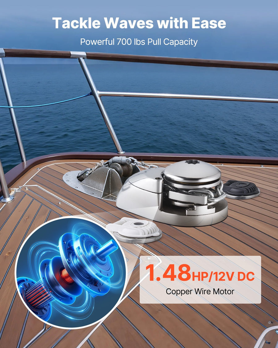 Vertical Fishing Windlass, 12V DC 1100W, Windlass Anchor Systems Fit for 1/4-Inch Chain or 9/16 & 5/8 Inch Nylon Rope, Max Pull 700 lbs, 316 Stainless Steel Construction, for Boats 20-36 ft
