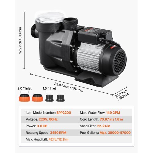 Above Ground Pool Pump, 3 HP, 149 GPM Max Flow Single Speed Swimming Pool Pump, 220V 3450 RPM 42 ft Max Head Lift with PP Shell Strainer Basket, 122?F Max Water Temp, for Hot Tubs Spas, No Plug