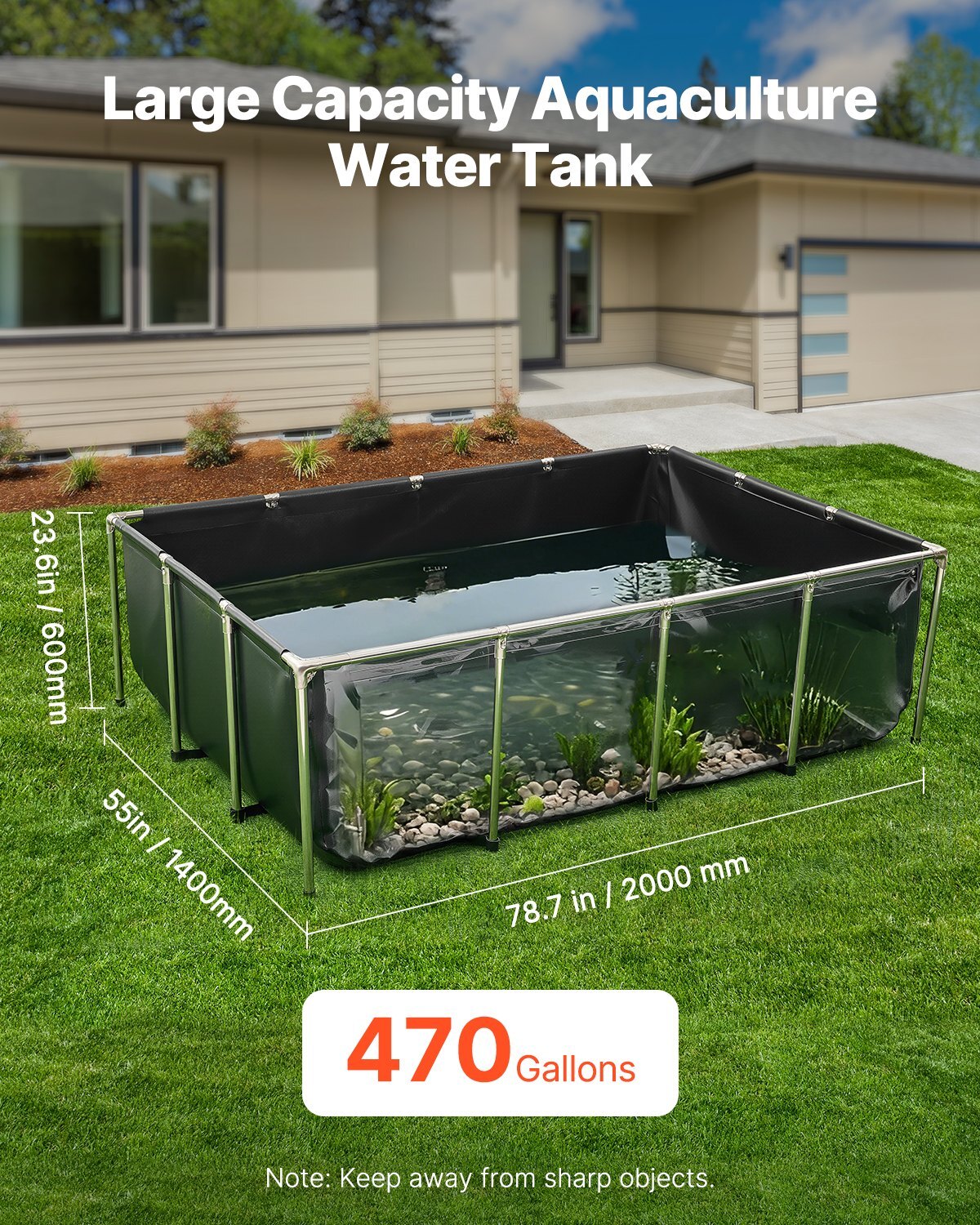 Canvas Fish Pond, 470 Gal Above Ground Fish Pond, PVC Koi Tank with Clear Viewing Panel, Rectangular Goldfish Tank with Stainless Steel Frame & Drain Valve, for Breeding Koi, Irrigation(Black)